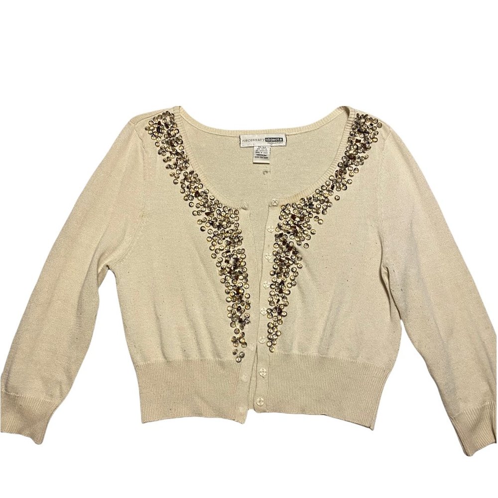 Necessary Objects Beaded Crop Buttoned Sweater Cream Color Women's Size Med